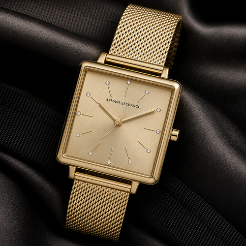 AX5535 women's gold square mesh watch editorial view