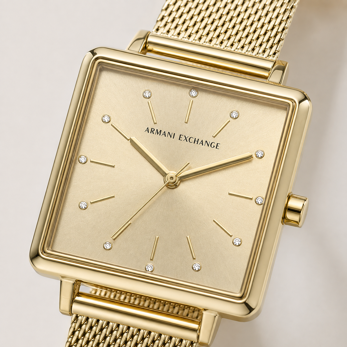 AX5535 women's gold square mesh watch macro detail