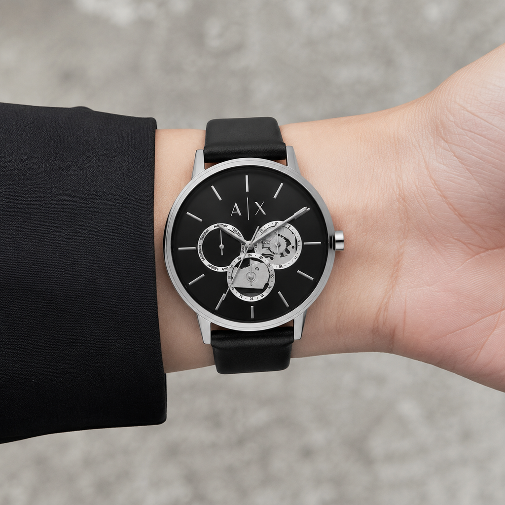 AX5536 women's black multifunction watch worn on the inner wrist