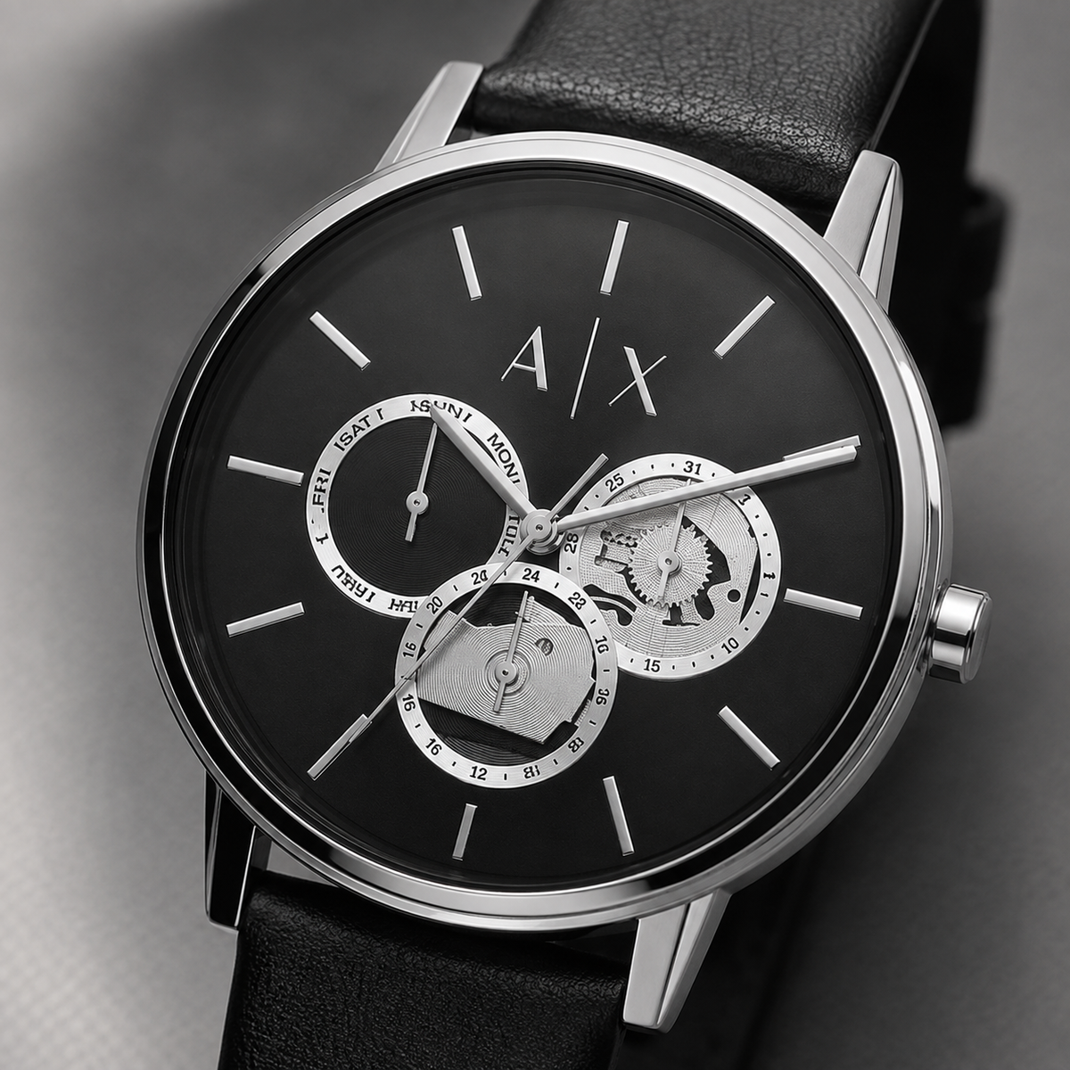 AX5536 women's black multifunction watch macro detail