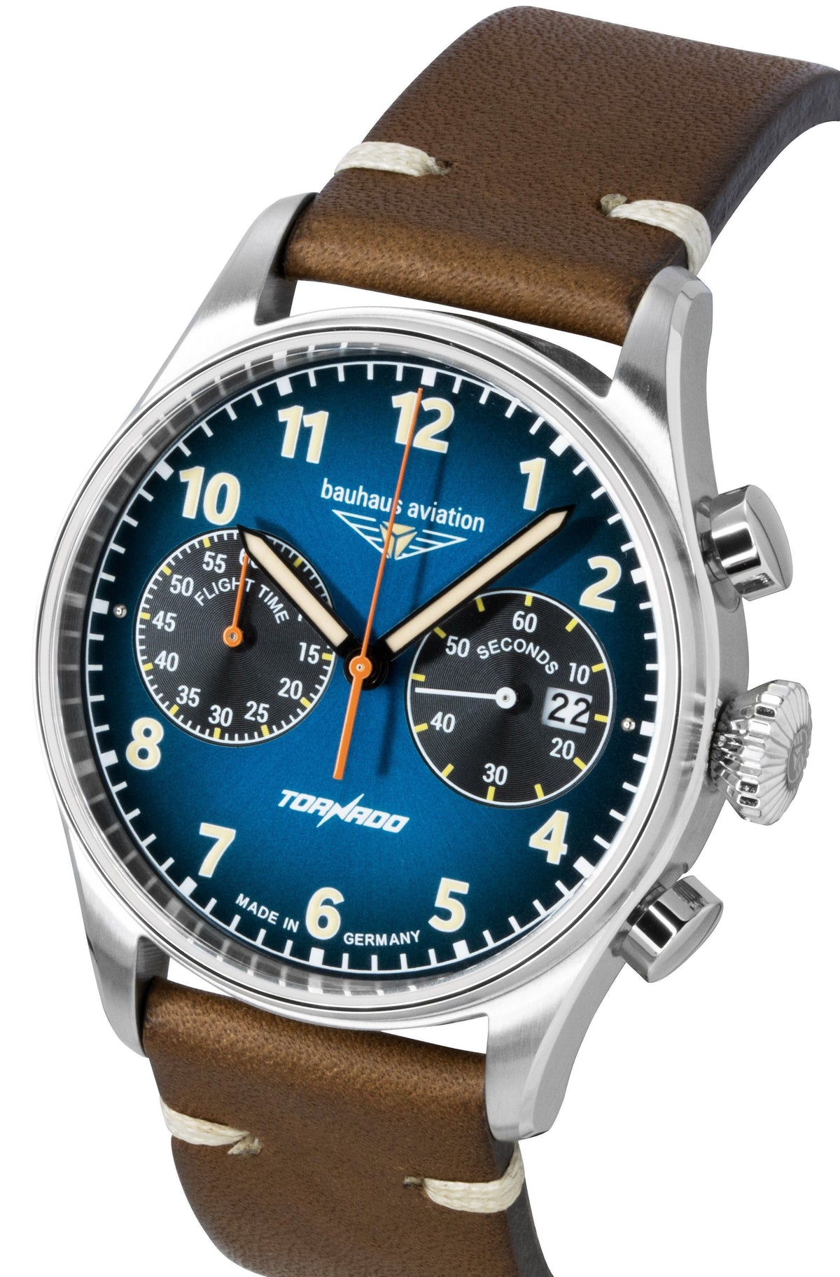 Bauhaus Aviation Tornado chronograaf lederen band blauwe wijzerplaat quartz 27723 herenhorloge