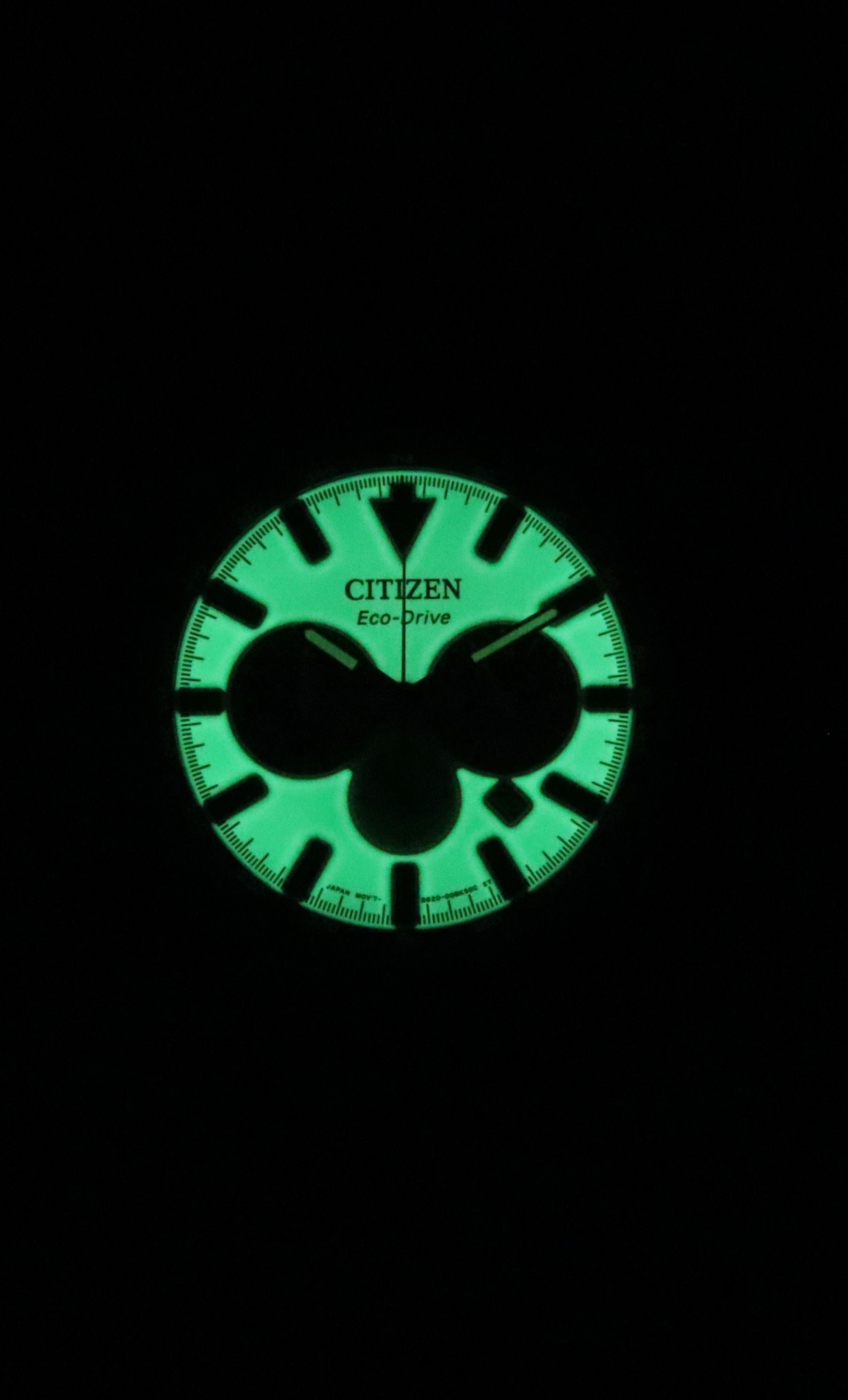 Citizen Eco-Drive Chronograph Leather Strap Full Luminous Green Dial CA4505-21X 100M Men's Watch