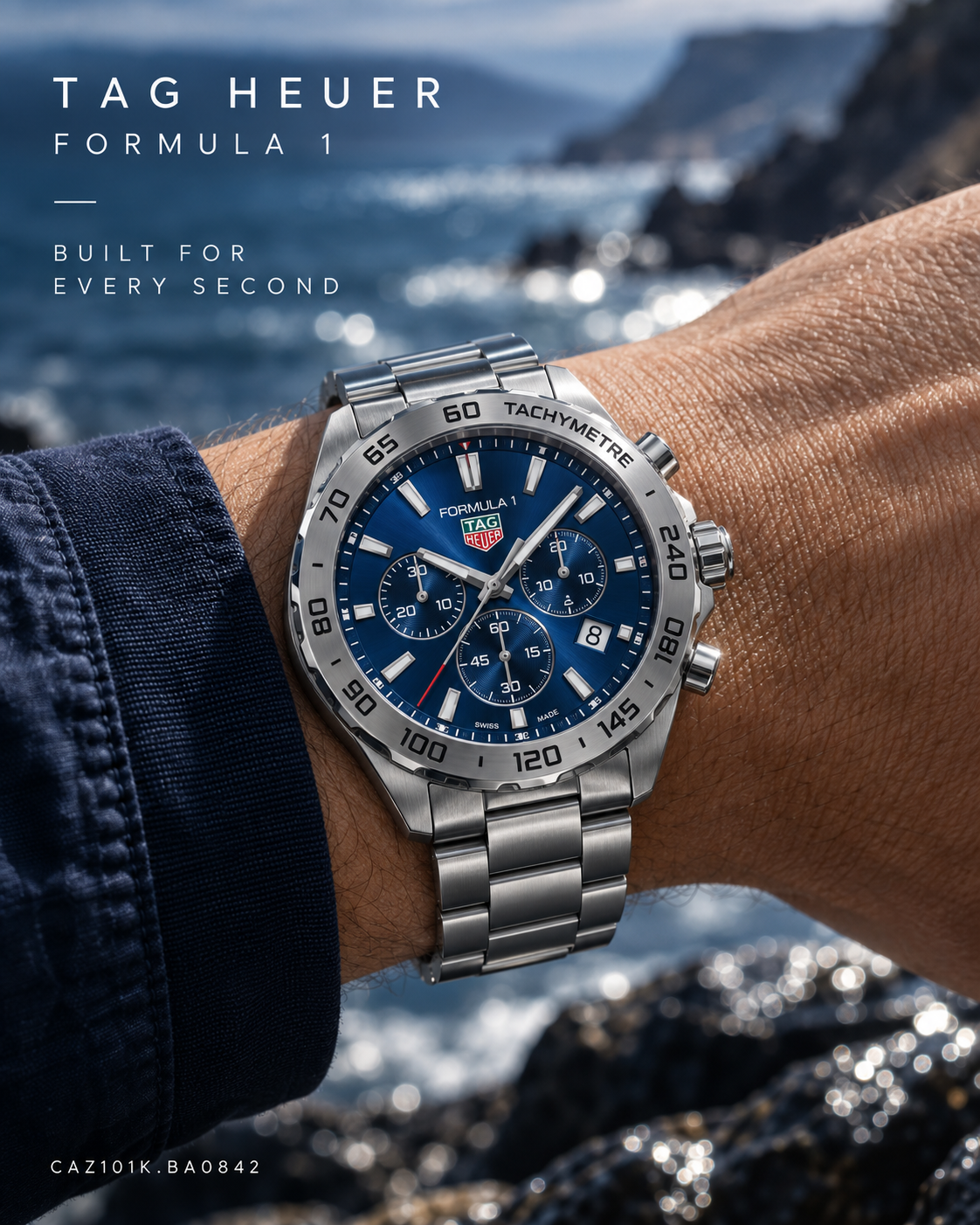 TAG Heuer Formula 1 Chronograph CAZ101K.BA0842 blue dial watch on wrist
