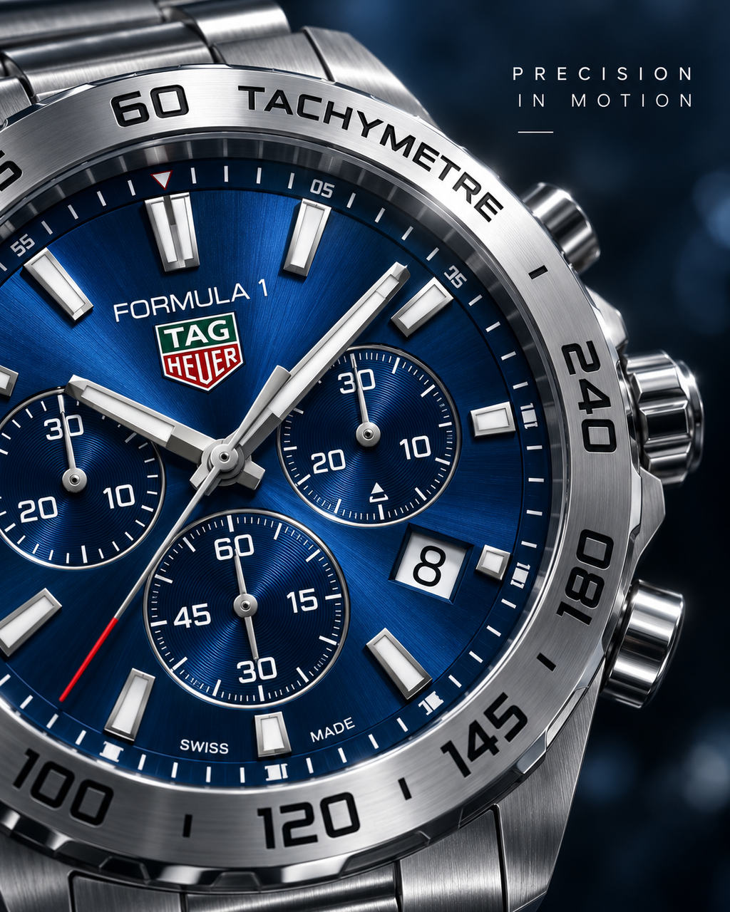 TAG Heuer Formula 1 Chronograph CAZ101K.BA0842 blue sunray dial and tachymeter macro detail