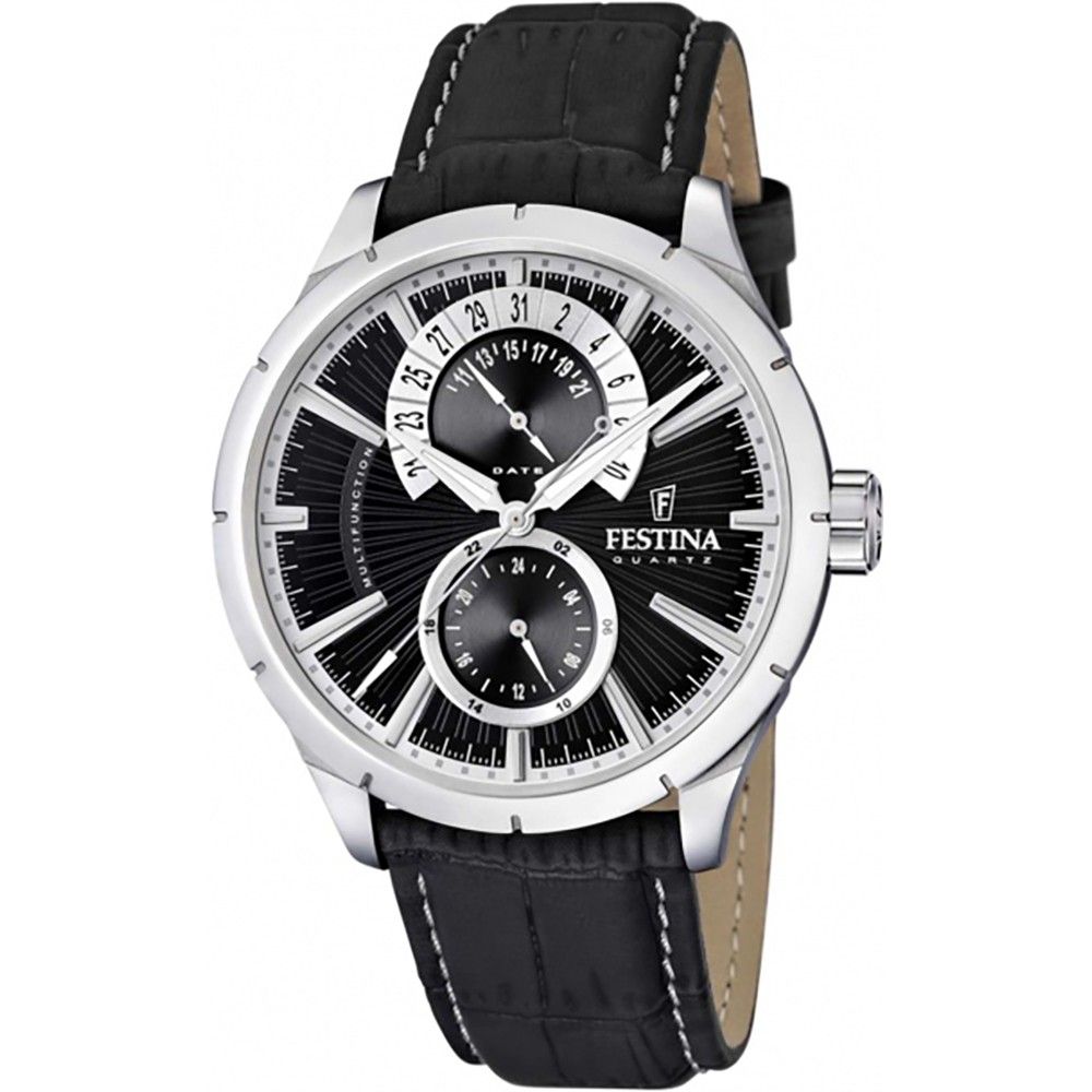 Festina retro lederen band multifunctioneel zwart wijzerplaat quartz F16573-3 herenhorloge