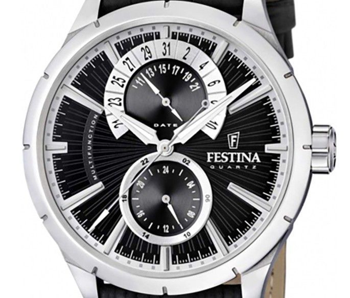 Festina retro lederen band multifunctioneel zwart wijzerplaat quartz F16573-3 herenhorloge