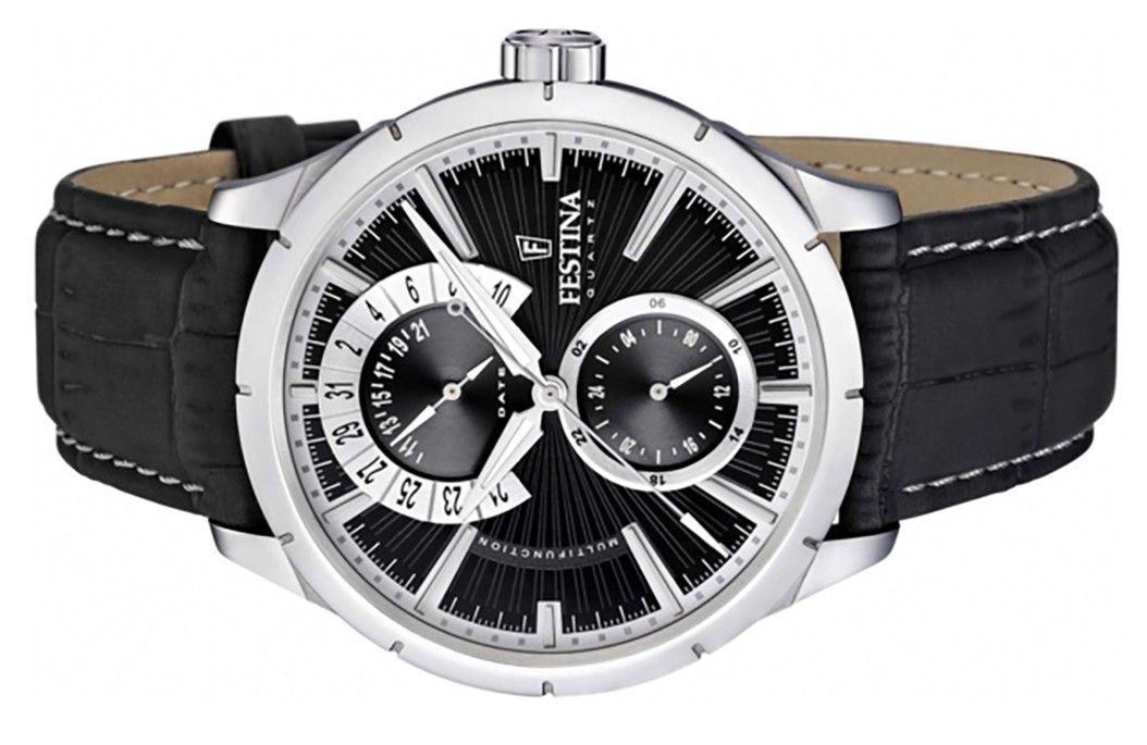 Festina retro lederen band multifunctioneel zwart wijzerplaat quartz F16573-3 herenhorloge