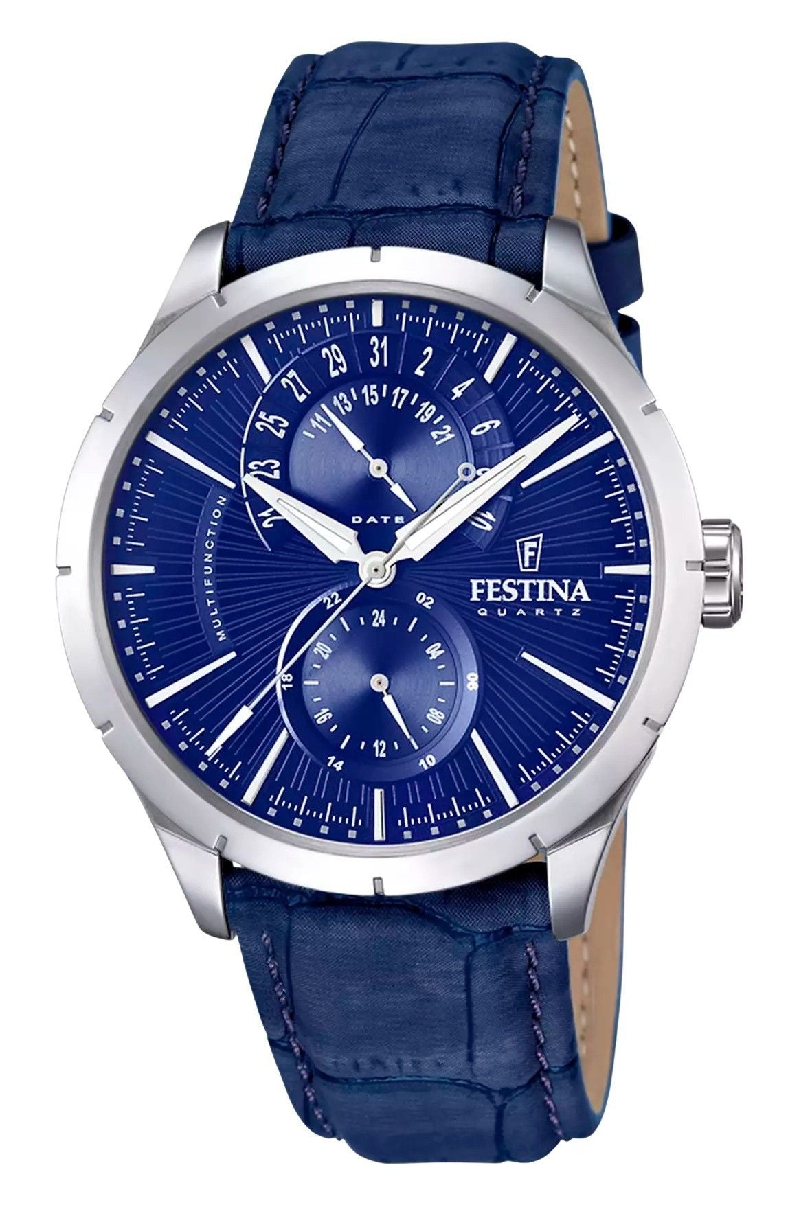 Festina Retro multifunctionele lederen band blauwe wijzerplaat quartz F16573-7 herenhorloge