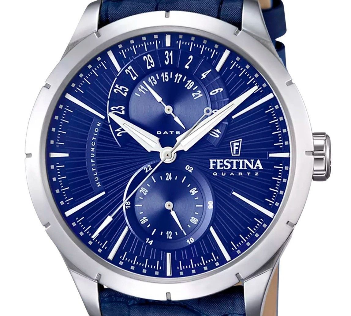 Festina Retro multifunctionele lederen band blauwe wijzerplaat quartz F16573-7 herenhorloge