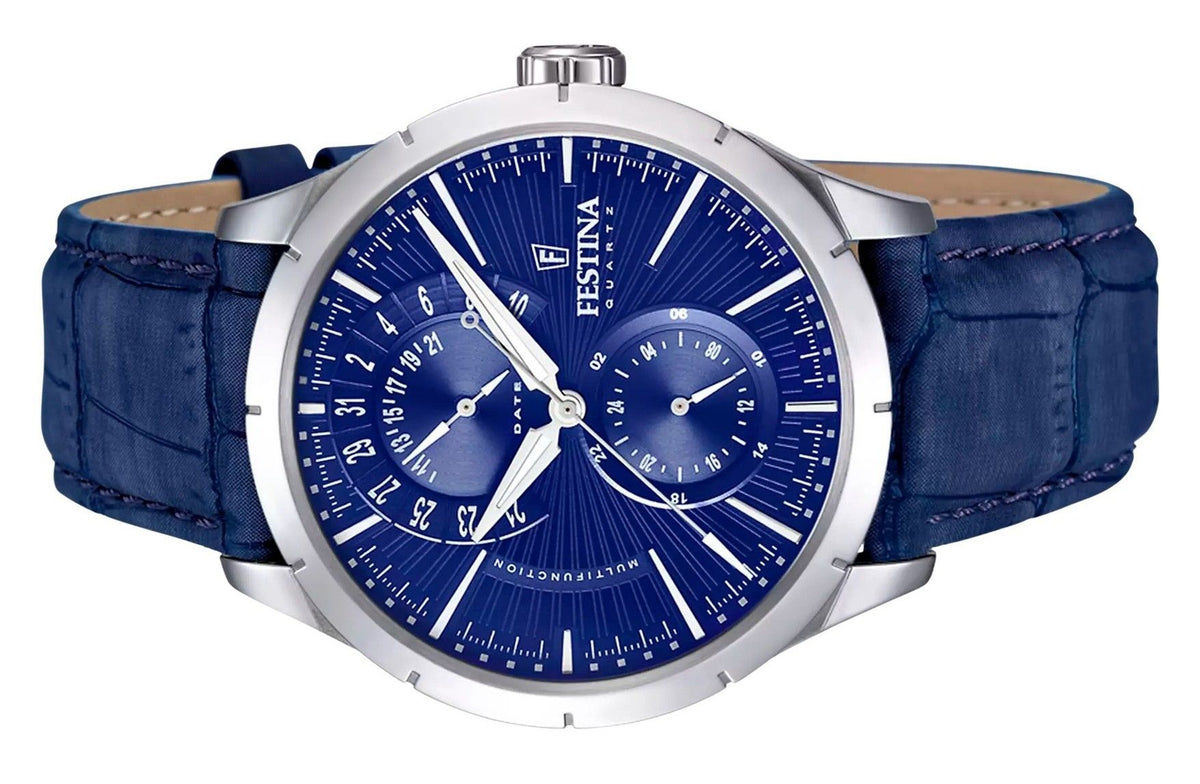 Festina Retro multifunctionele lederen band blauwe wijzerplaat quartz F16573-7 herenhorloge