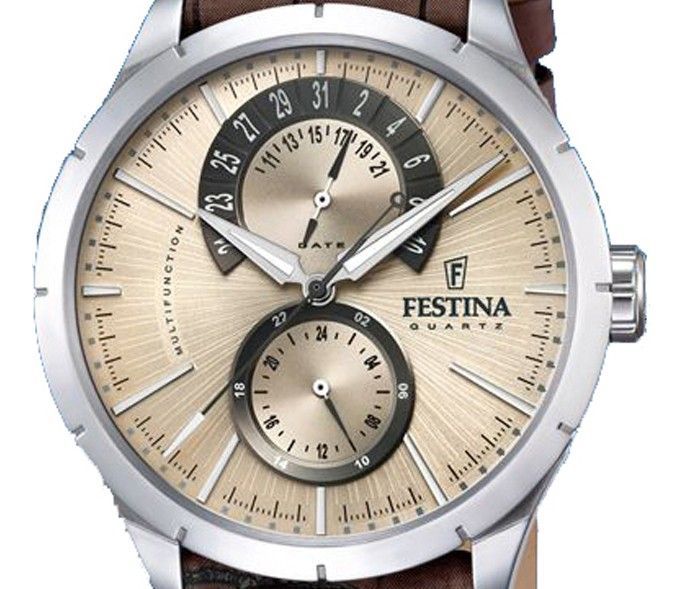 Festina retro lederen band multifunctioneel beige wijzerplaat quartz F16573-9 herenhorloge