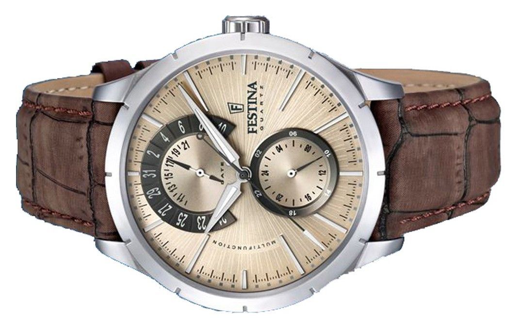 Festina retro lederen band multifunctioneel beige wijzerplaat quartz F16573-9 herenhorloge