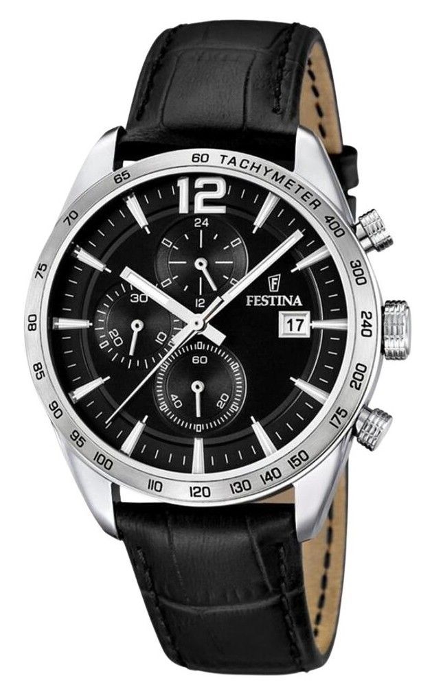 Festina tijdloze chronograaf lederen band zwarte wijzerplaat quartz F16760-4 herenhorloge