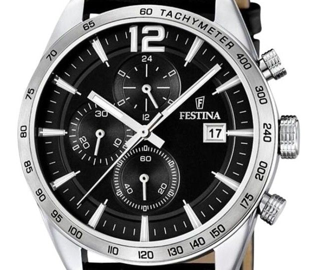 Festina tijdloze chronograaf lederen band zwarte wijzerplaat quartz F16760-4 herenhorloge