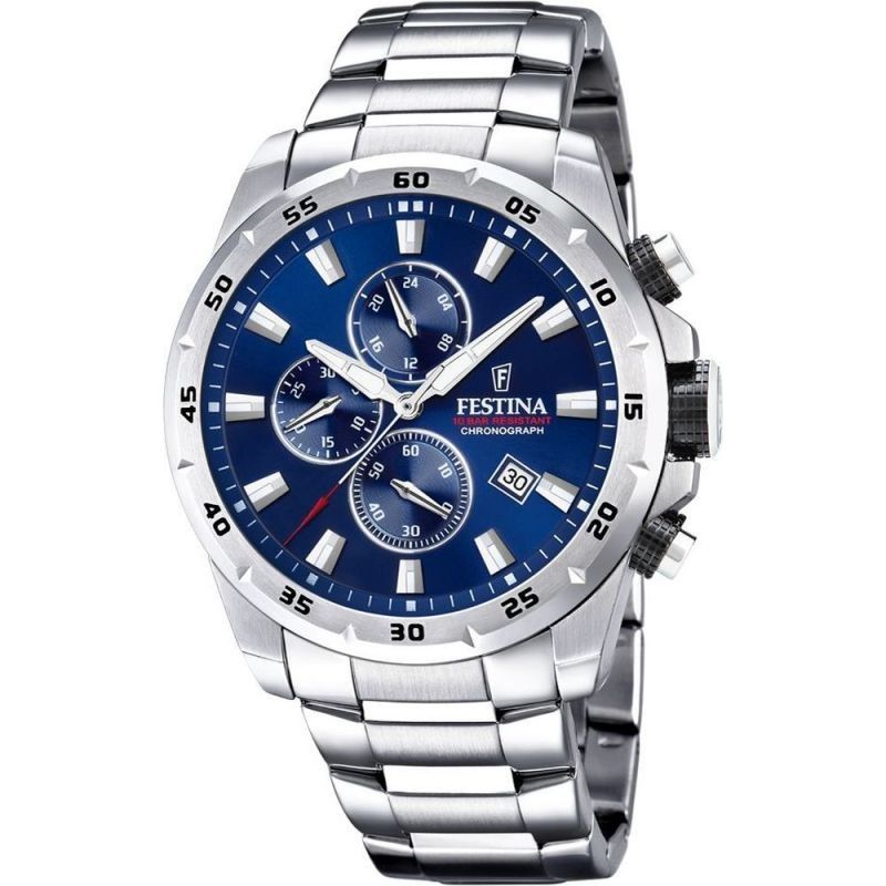 Festina Sport chronograaf roestvrij staal blauwe wijzerplaat quartz F20463-2 100M herenhorloge