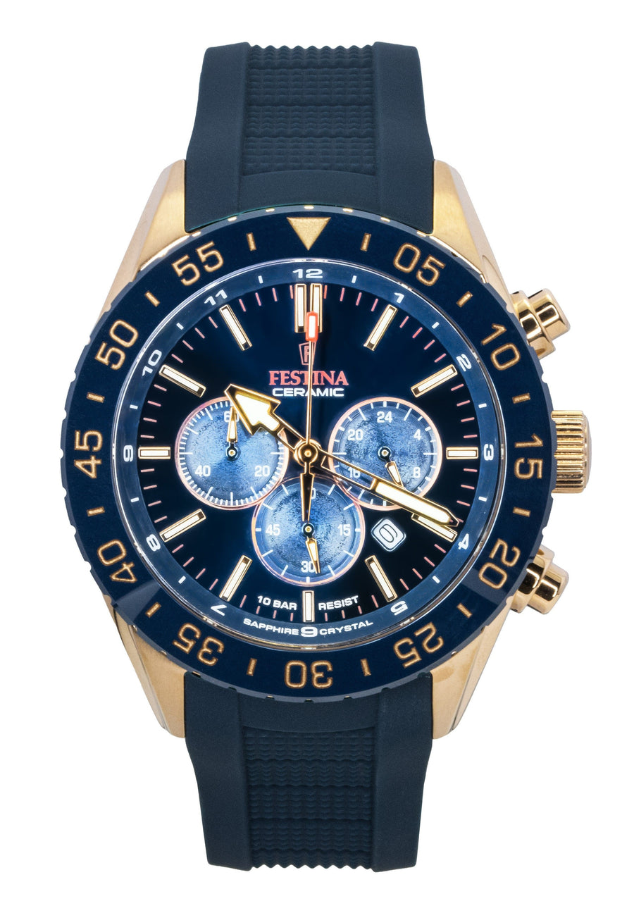 Festina Ceramic Chronograph Kautschukarmband Blaues Zifferblatt Quarz F20516-1 100M Herrenuhr