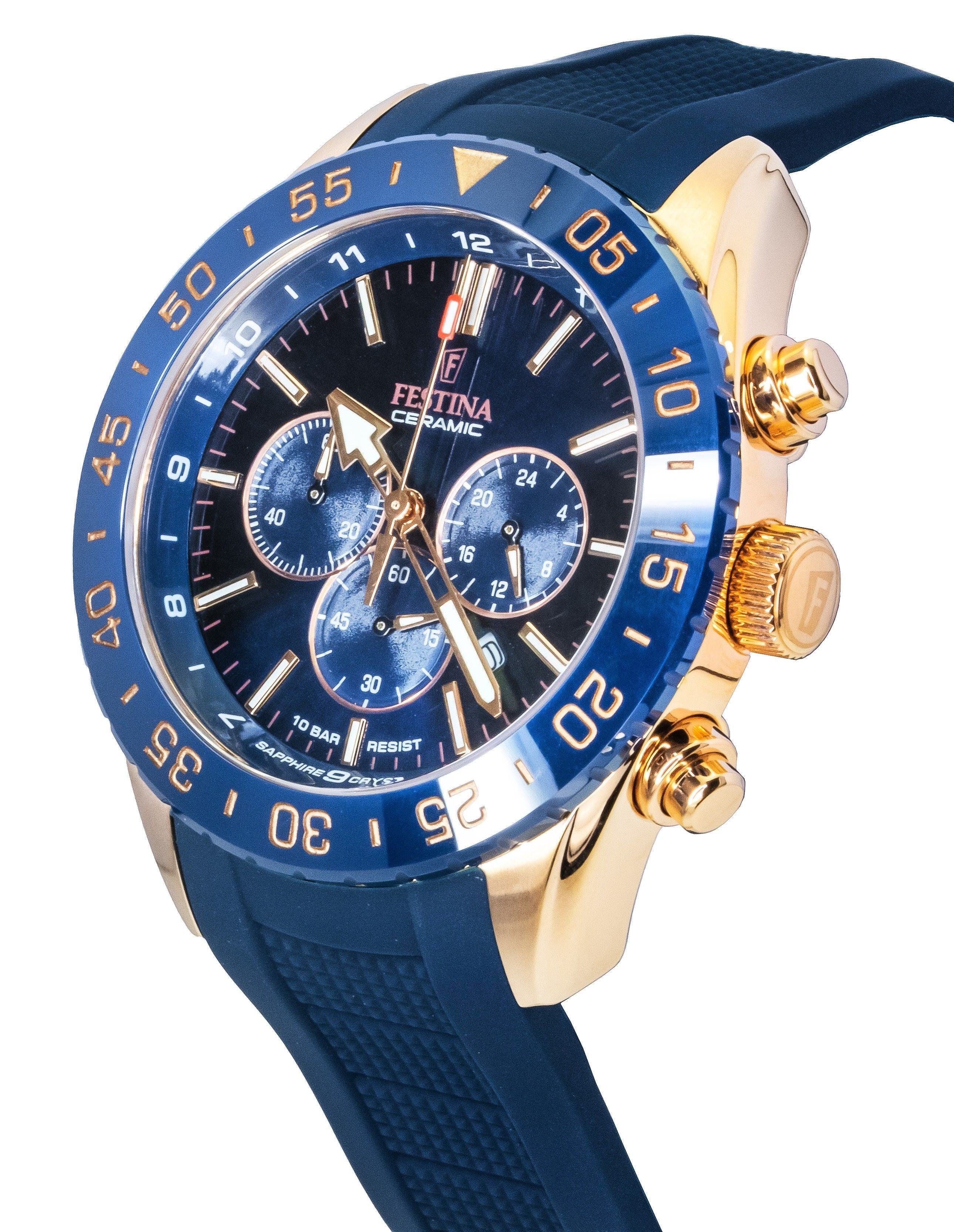 Festina Ceramic Chronograph Rubber Strap Blue Dial Quartz F20516-1 100M Men's Watch