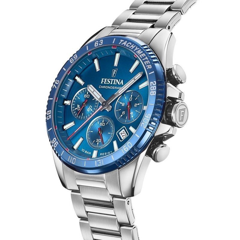 Festina tijdloze chronograaf roestvrij staal blauwe wijzerplaat quartz F20560-3 100M herenhorloge
