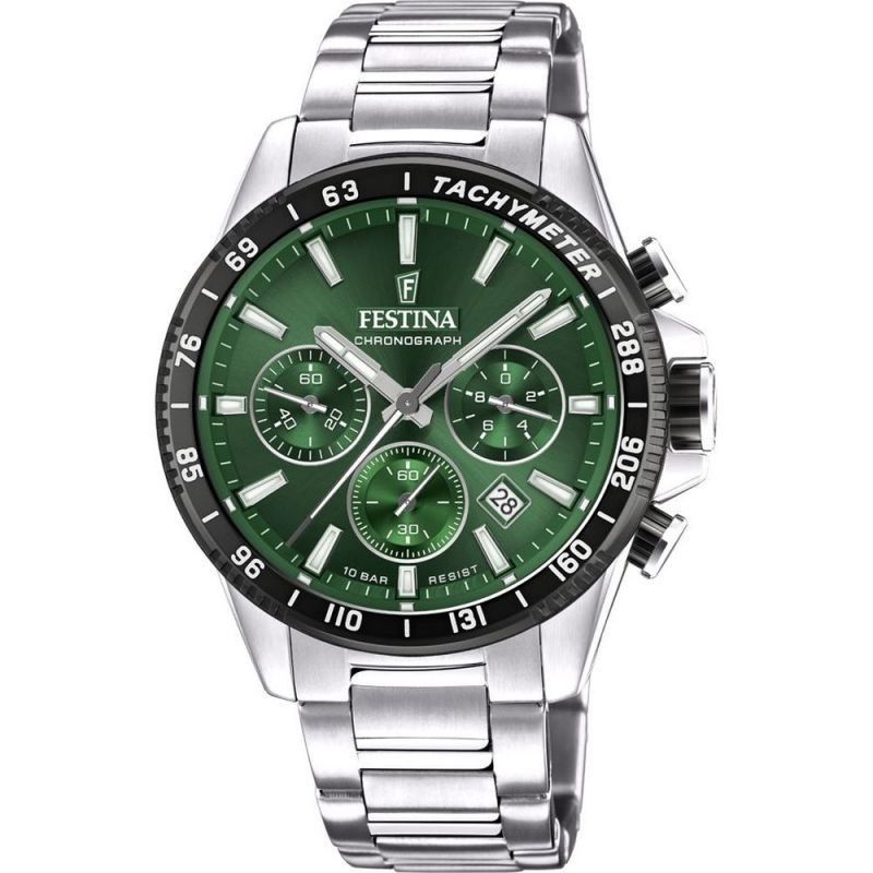 Festina tijdloze chronograaf roestvrij staal groene wijzerplaat quartz F20560-4 100M herenhorloge