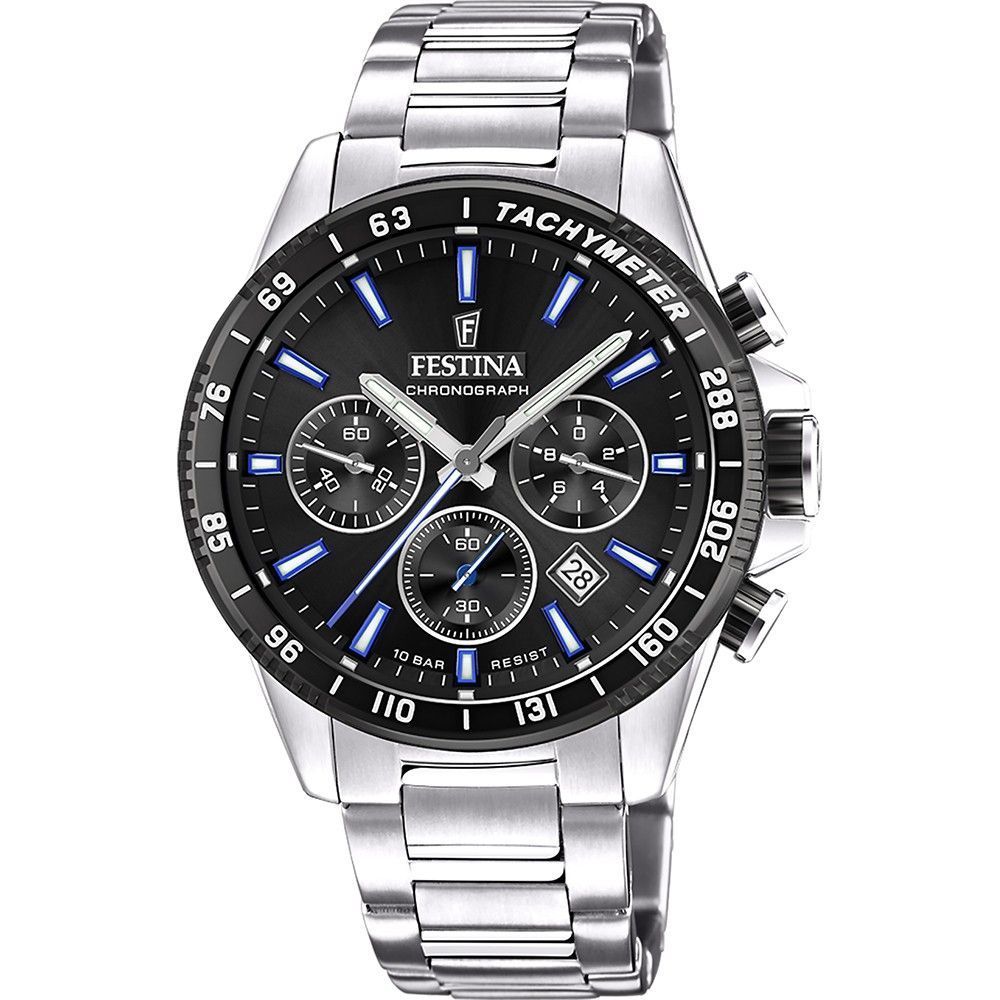 Festina tijdloze chronograaf roestvrij staal zwarte wijzerplaat quartz F20560-5 100M herenhorloge