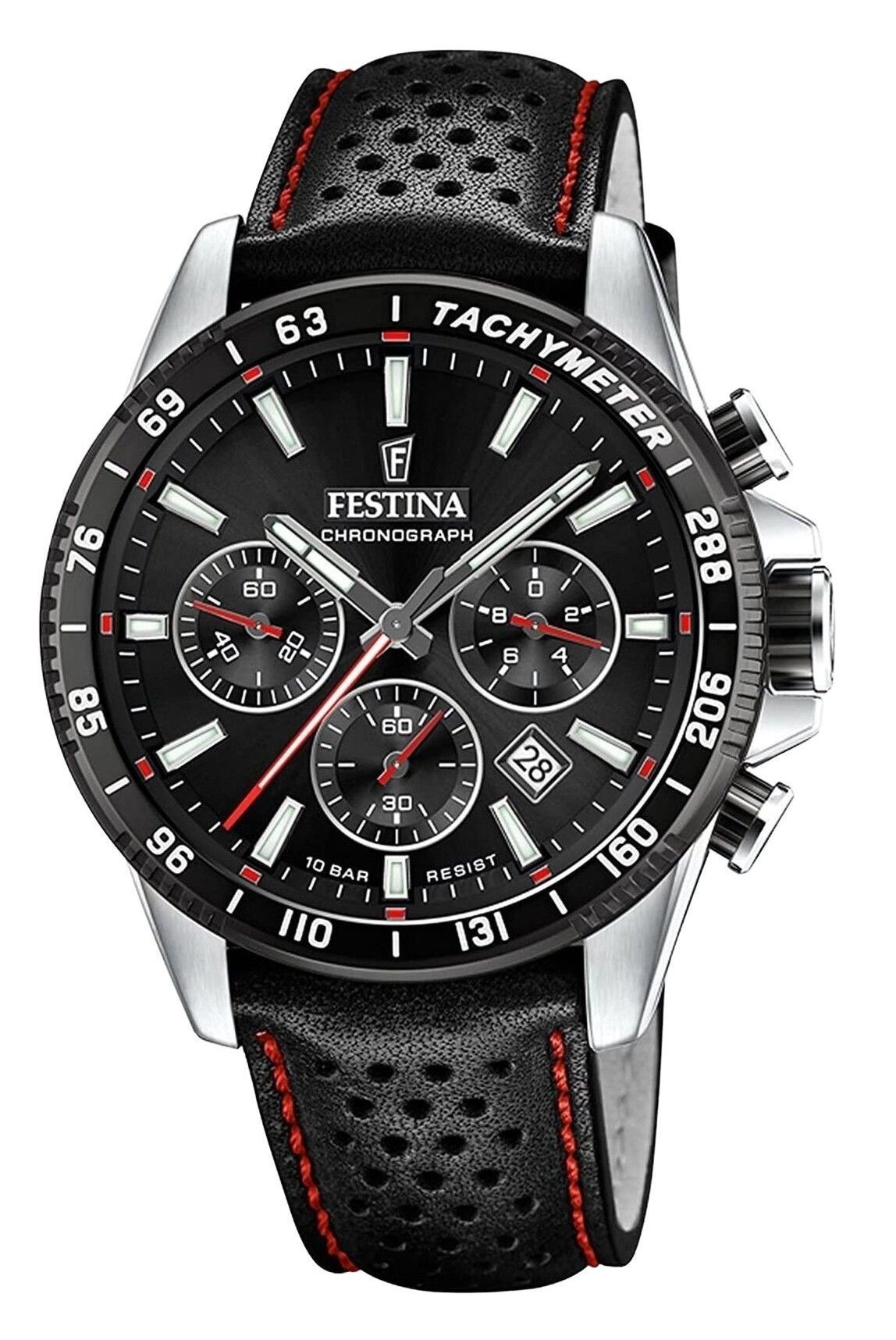 Festina tijdloze chronograaf lederen band zwarte wijzerplaat quartz F20561-4 100M herenhorloge