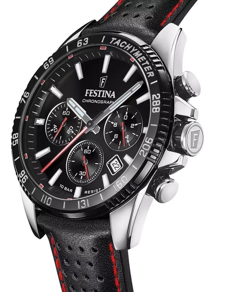 Festina tijdloze chronograaf lederen band zwarte wijzerplaat quartz F20561-4 100M herenhorloge