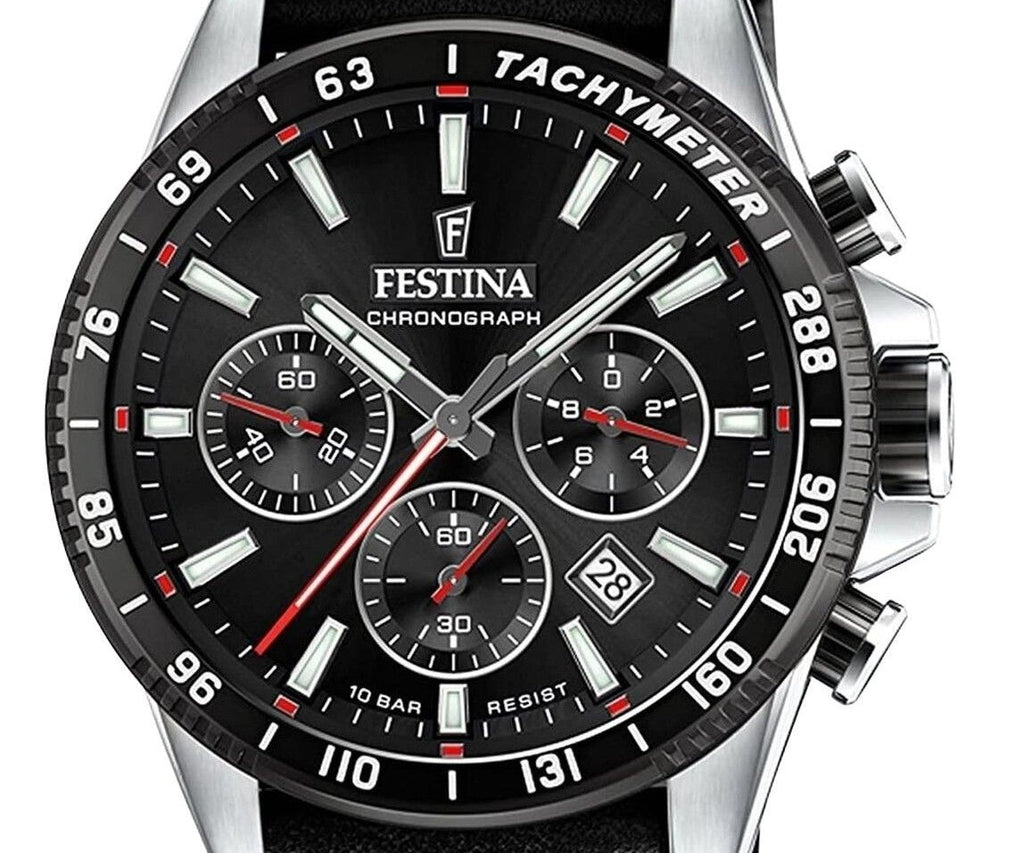 Festina Timeless Chronograph Leather Strap Black Dial Quartz F20561-4 100M Men's Watch