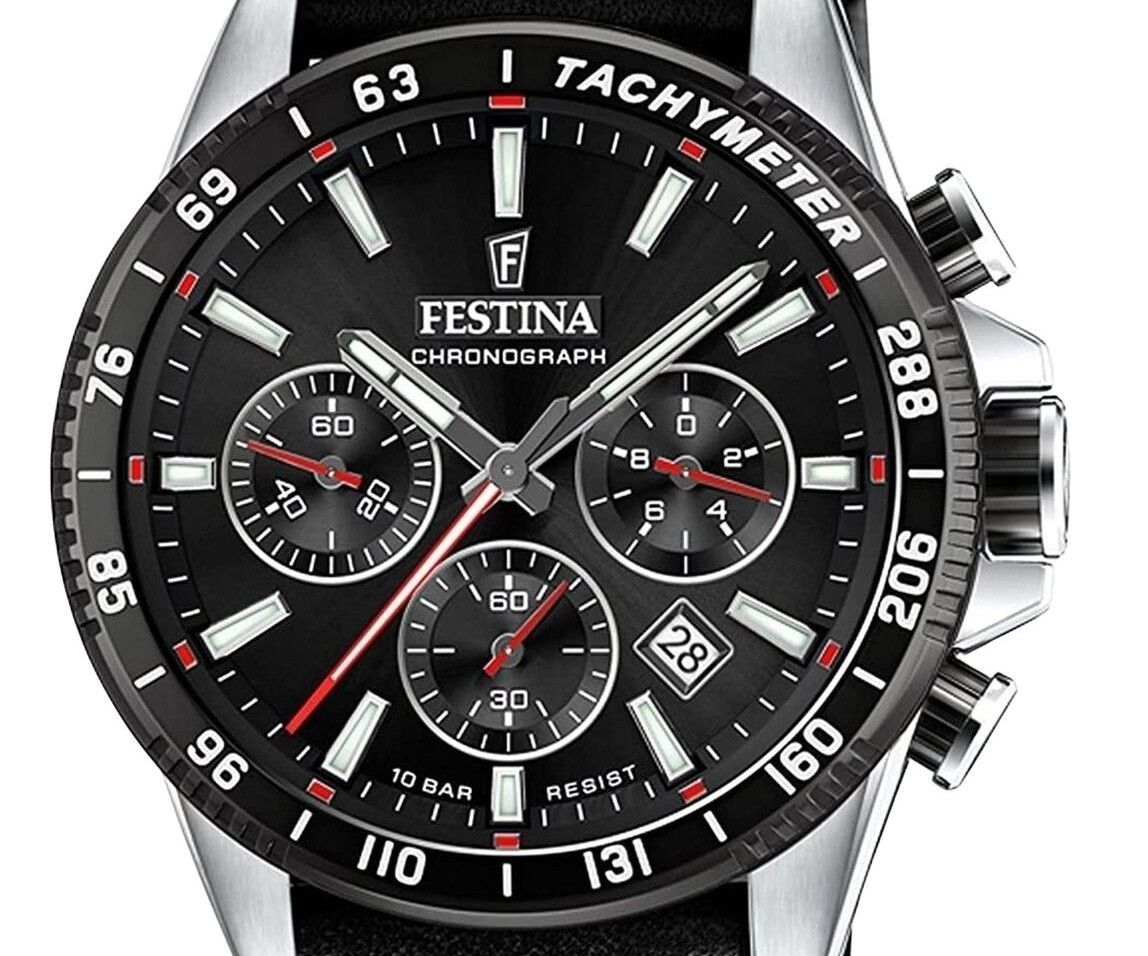 Festina tijdloze chronograaf lederen band zwarte wijzerplaat quartz F20561-4 100M herenhorloge
