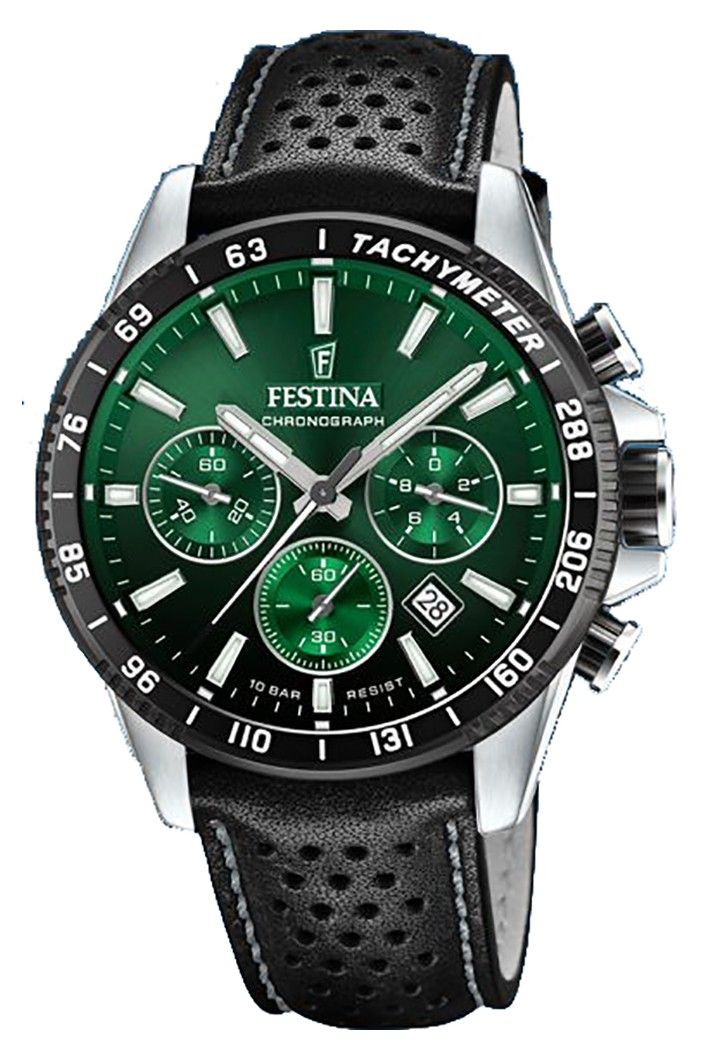 Festina tijdloze chronograaf lederen band groene wijzerplaat quartz F20561-5 100M herenhorloge