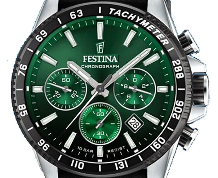 Festina tijdloze chronograaf lederen band groene wijzerplaat quartz F20561-5 100M herenhorloge