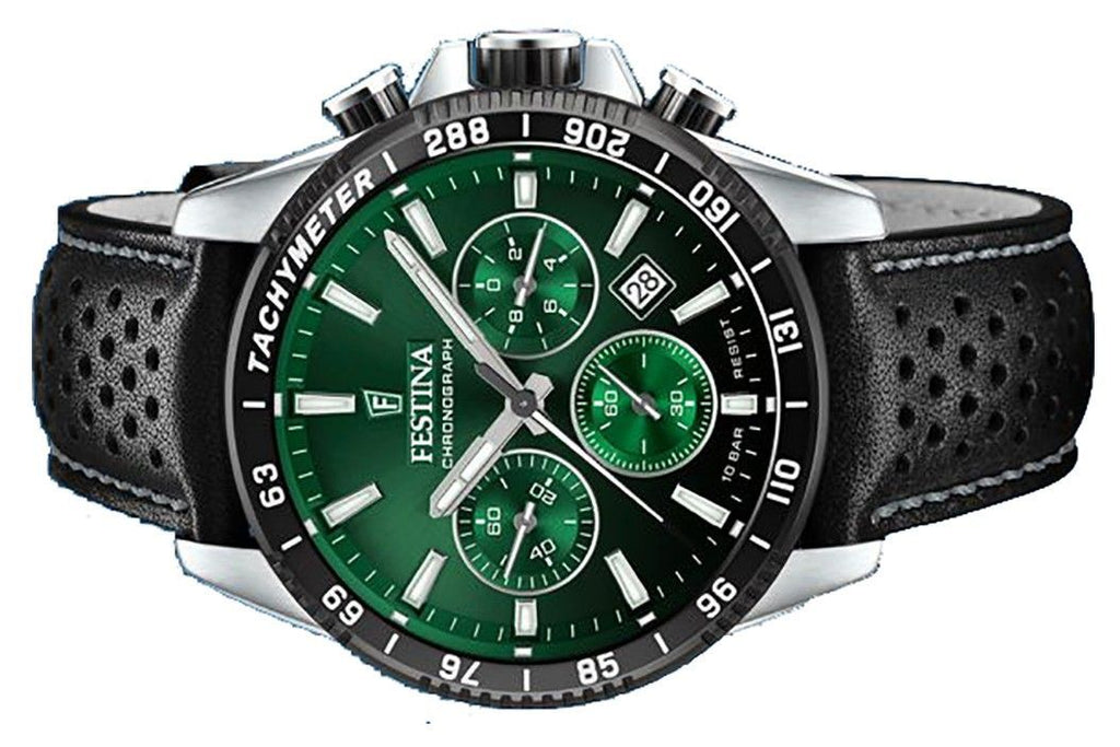 Festina Timeless Chronograph Leather Strap Green Dial Quartz F20561-5 100M Men's Watch