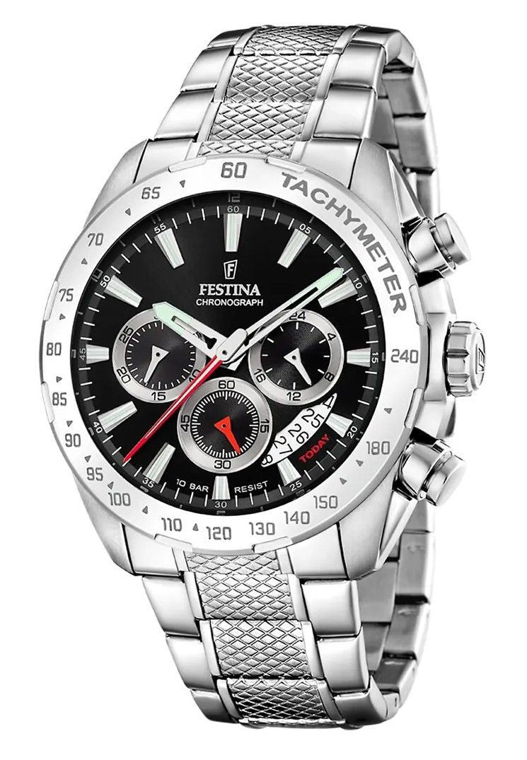 Festina Chrono Sport roestvrij staal zwarte wijzerplaat quartz F20668-4 100M herenhorloge