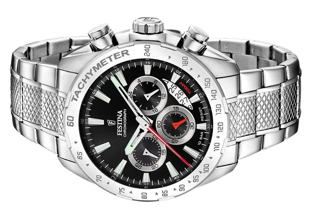 Festina Chrono Sport roestvrij staal zwarte wijzerplaat quartz F20668-4 100M herenhorloge