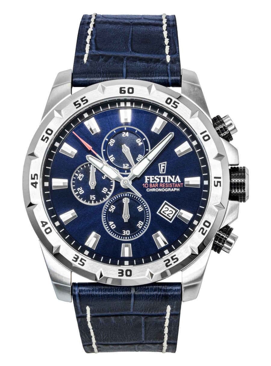 Festina Timeless Chronograph Lederarmband Blaues Zifferblatt Quarz F20692-2 100M Herrenuhr