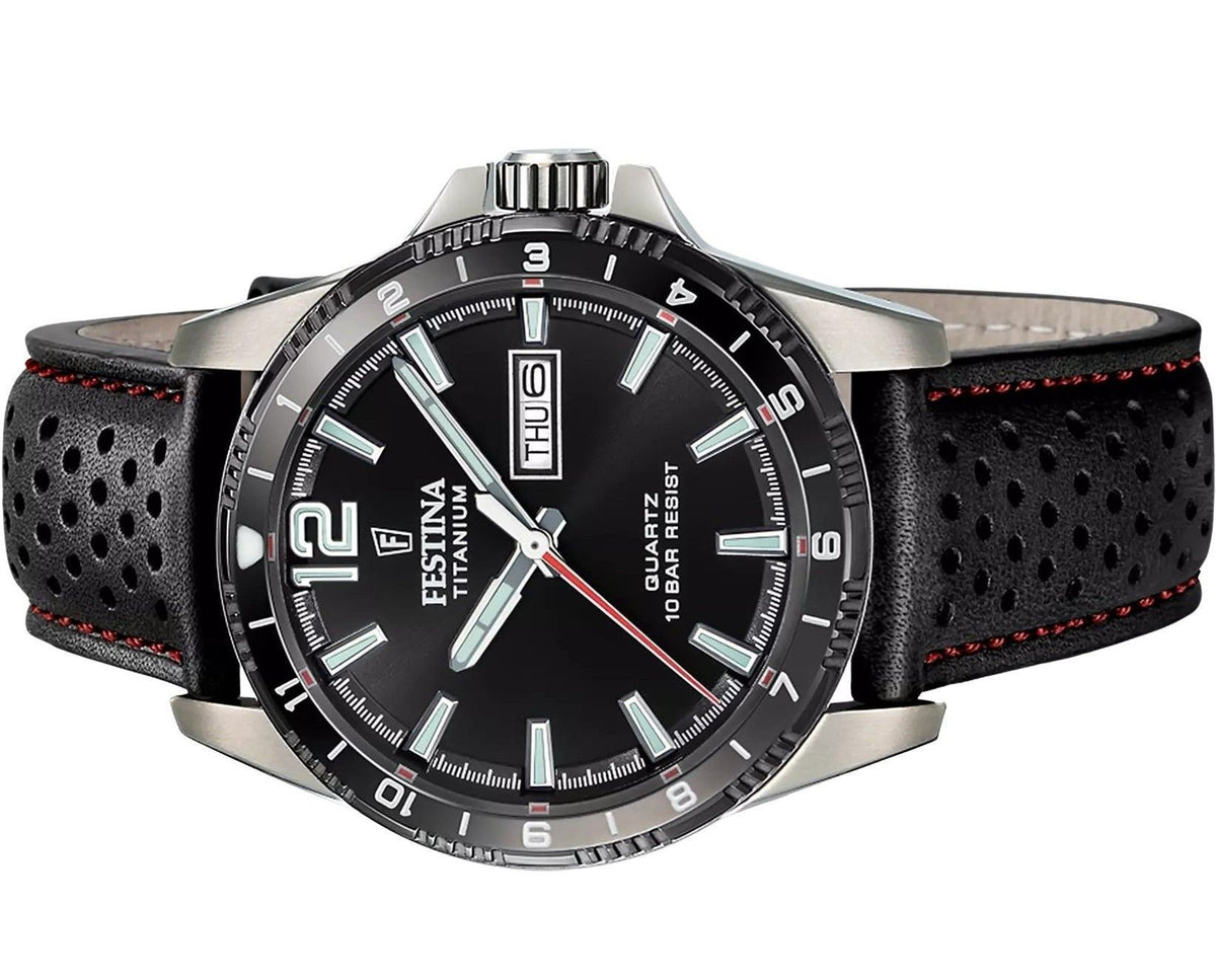 Festina titanium lederen band zwarte wijzerplaat quartz F20699-4 100M herenhorloge