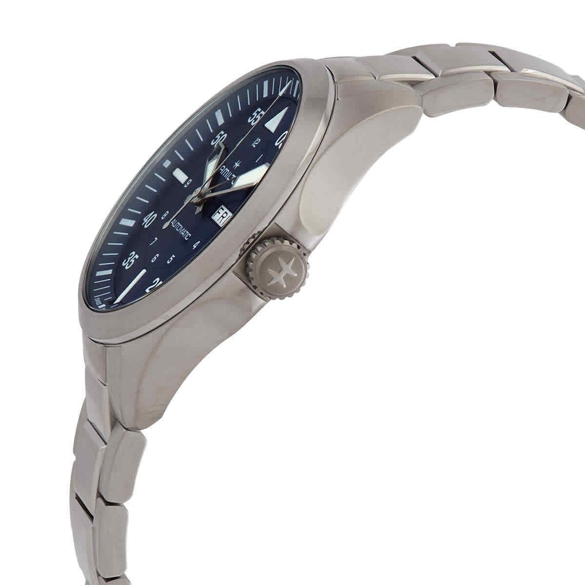 Hamilton kaki luchtvaartpiloot roestvrij staal blauwe wijzerplaat automatisch H64635140 100M herenhorloge