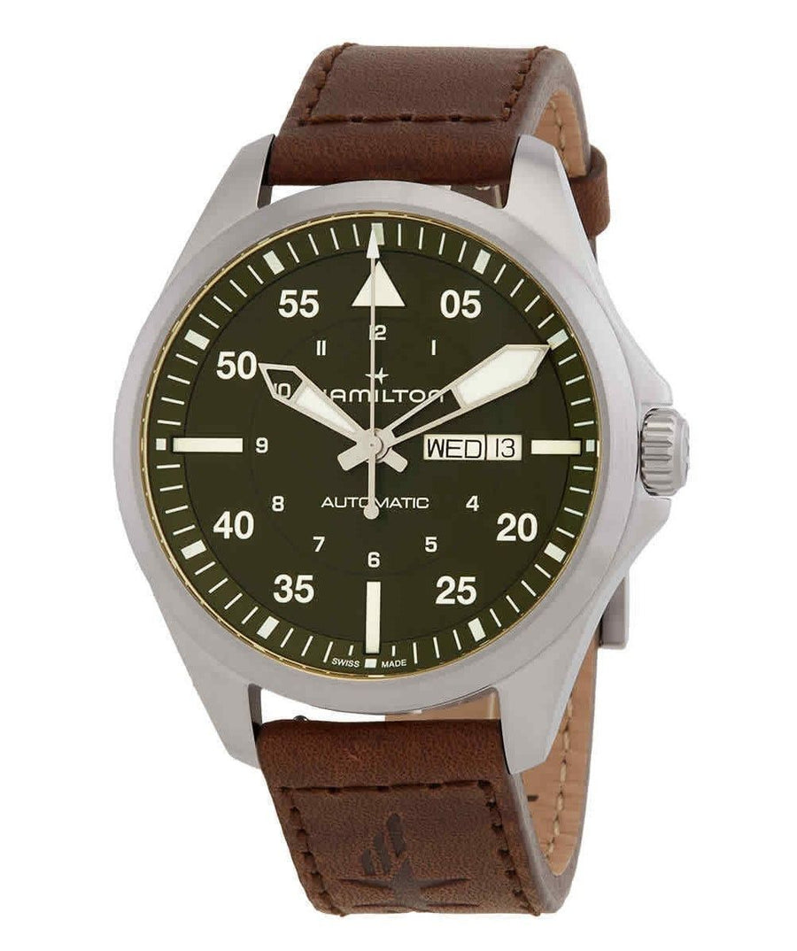 Hamilton Khaki Aviation Pilot Lederarmband Grünes Zifferblatt Automatisch H64635560 100M Herrenuhr