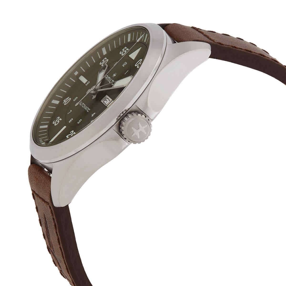 Hamilton kaki luchtvaart pilot lederen band groene wijzerplaat automatisch H64635560 100M herenhorloge
