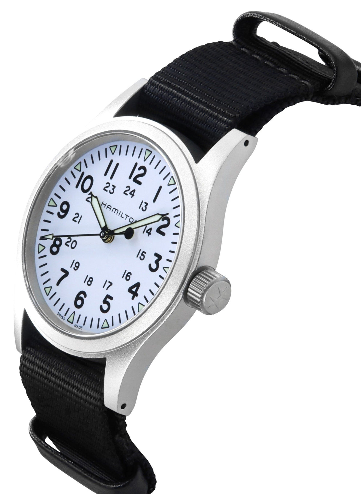 Hamilton Khaki Field textielband witte wijzerplaat mechanisch H69439910 herenhorloge