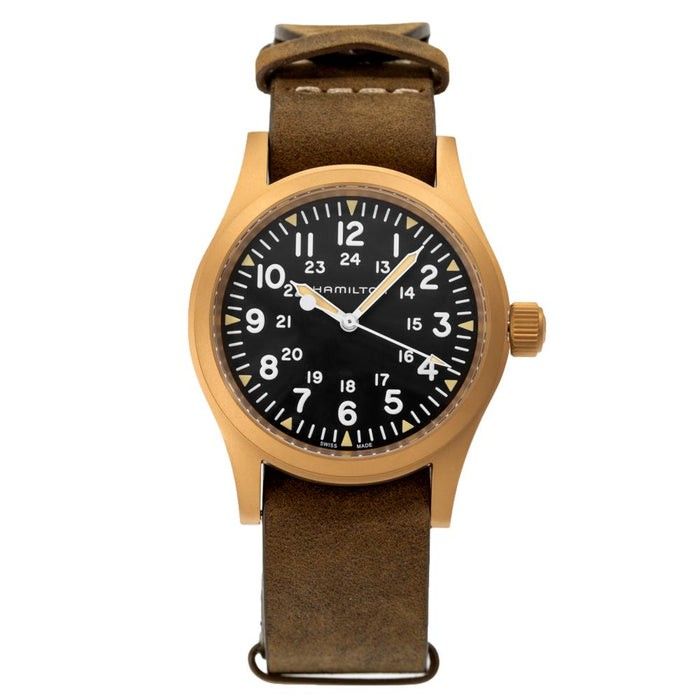 Hamilton kaki veld mechanisch bronzen lederen band zwarte wijzerplaat H69459530 herenhorloge