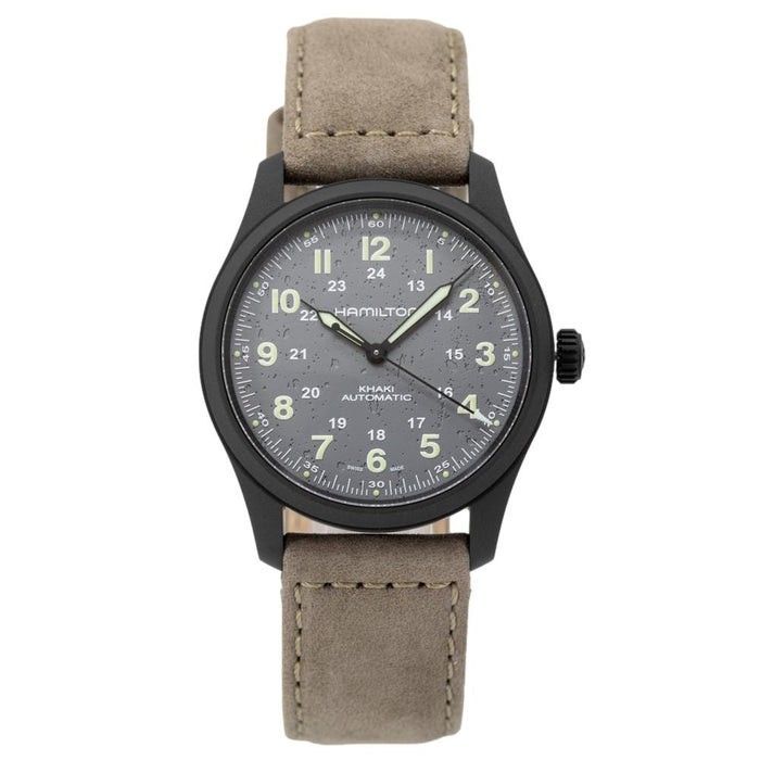 Hamilton kaki veld titanium lederen band grijze wijzerplaat automatisch H70215880 100M herenhorloge