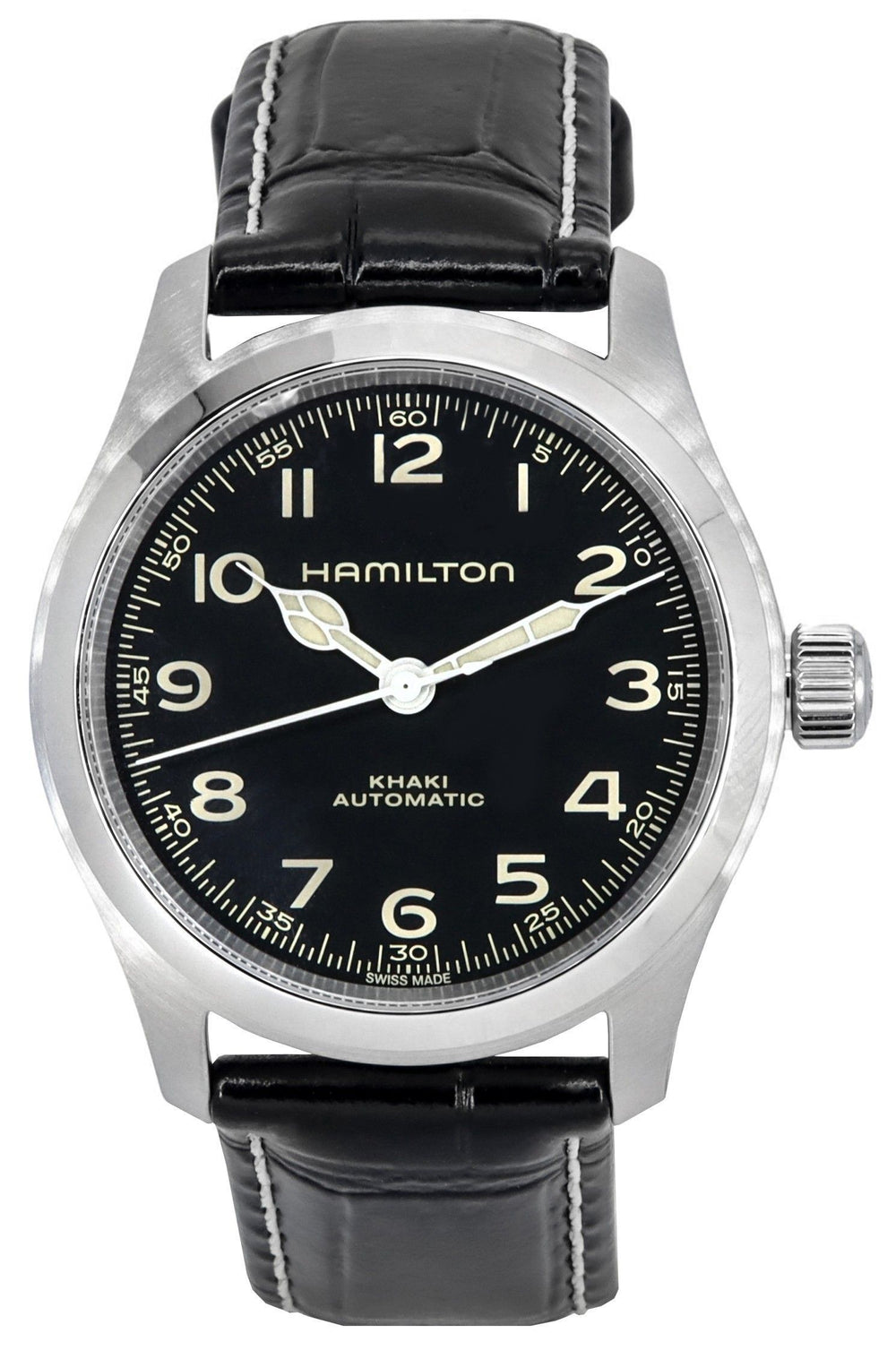 Orologio da uomo Hamilton Khaki Field Murph, cinturino in pelle, quadrante nero, automatico, H70405730, 100M