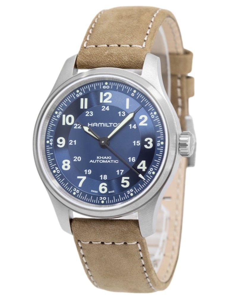 Hamilton kaki veld titanium lederen band blauwe wijzerplaat automatisch H70545540 100M herenhorloge