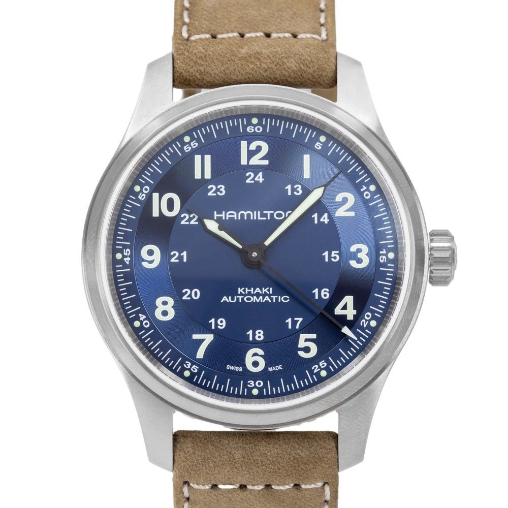 Hamilton kaki veld titanium lederen band blauwe wijzerplaat automatisch H70545540 100M herenhorloge