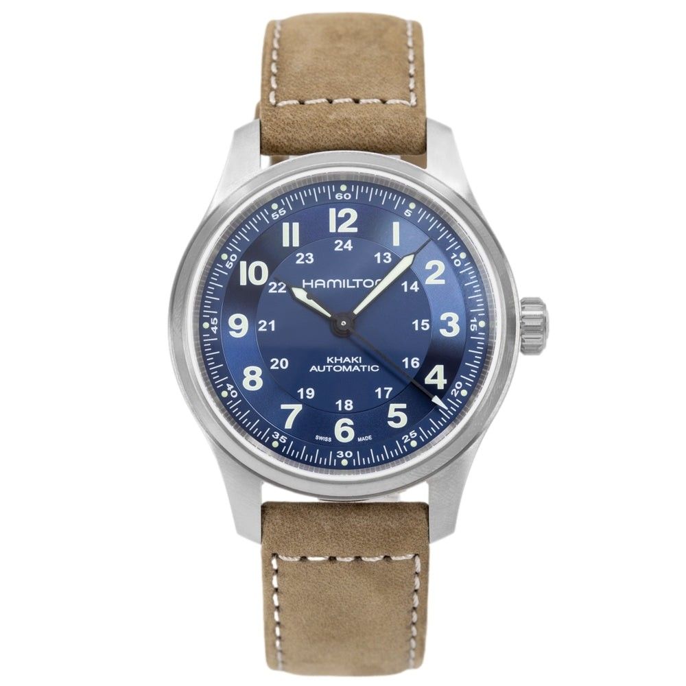 Hamilton kaki veld titanium lederen band blauwe wijzerplaat automatisch H70545540 100M herenhorloge