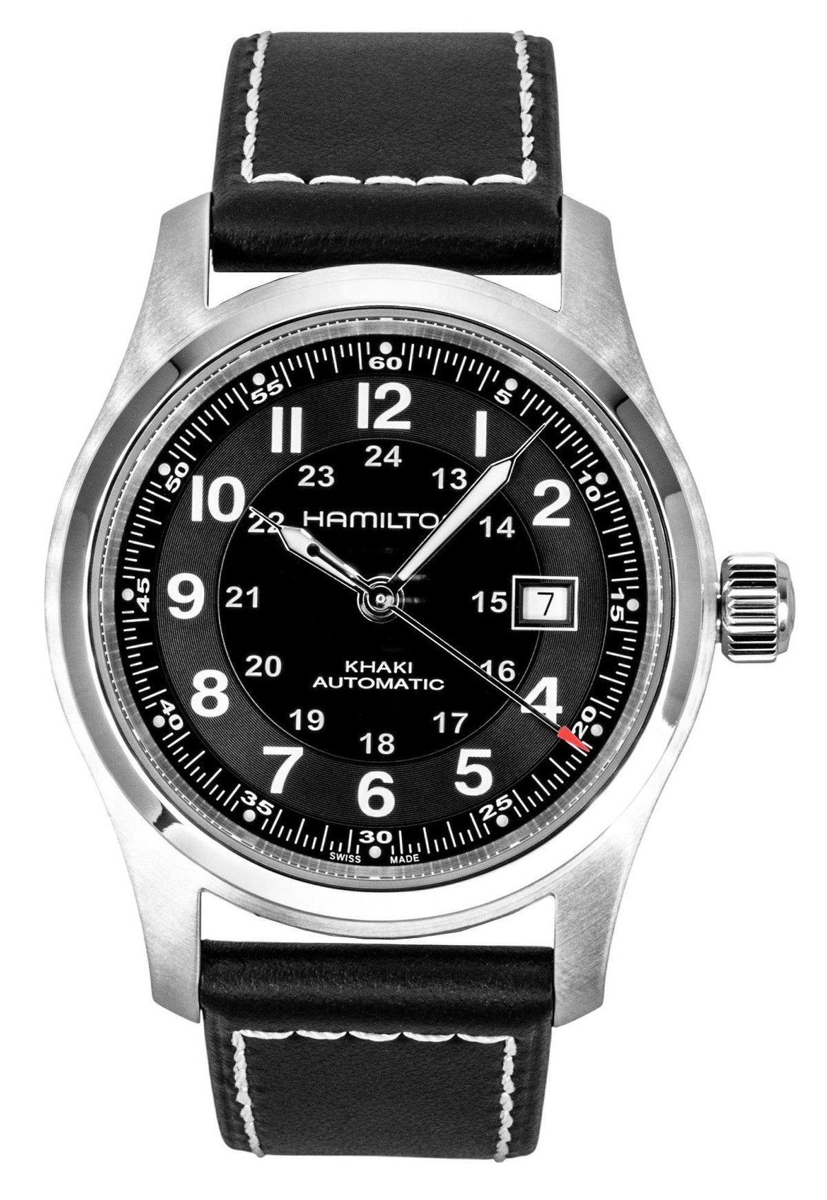 Hamilton kaki lederen band zwarte wijzerplaat automatisch H70605733 100M herenhorloge
