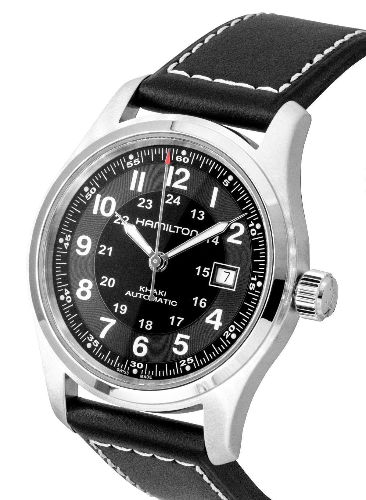 Hamilton kaki lederen band zwarte wijzerplaat automatisch H70605733 100M herenhorloge