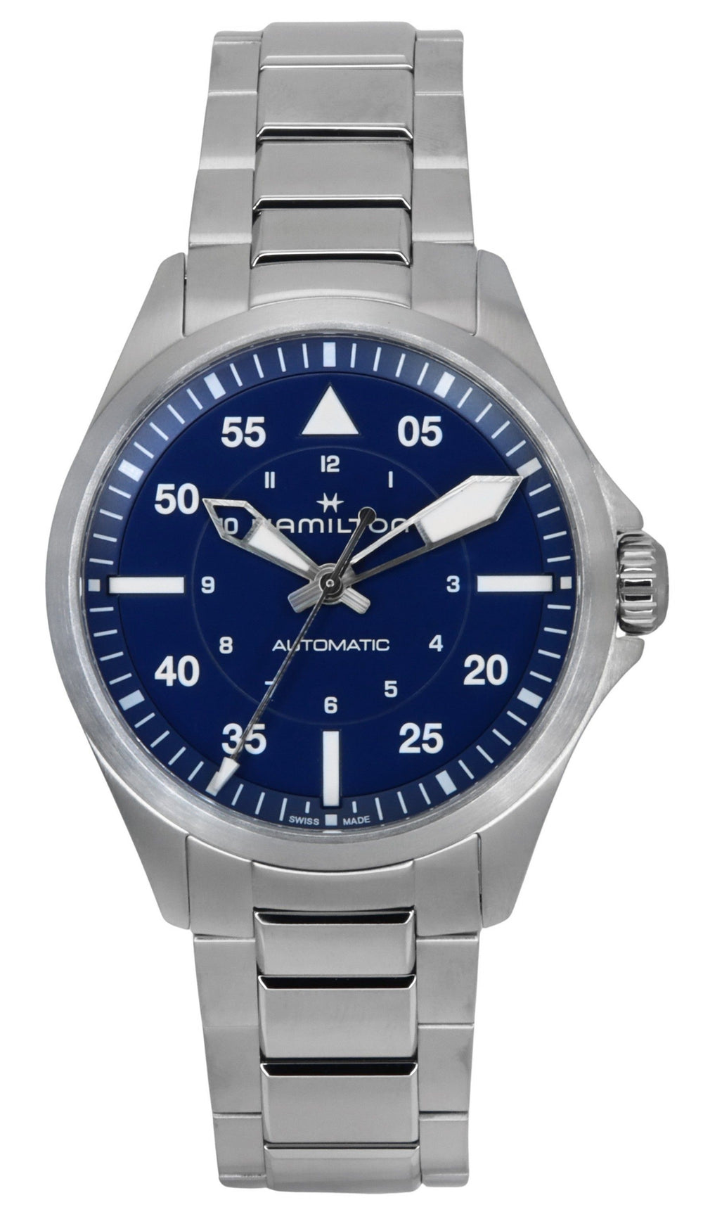 Orologio da uomo Hamilton Khaki Aviation Pilot automatico con cassa in acciaio inossidabile, quadrante blu e impermeabilità 100M H76305140