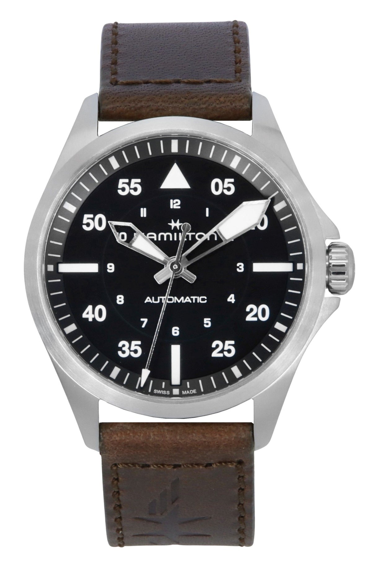 Hamilton kaki luchtvaart pilot lederen band zwarte wijzerplaat automatisch H76305530 100M herenhorloge