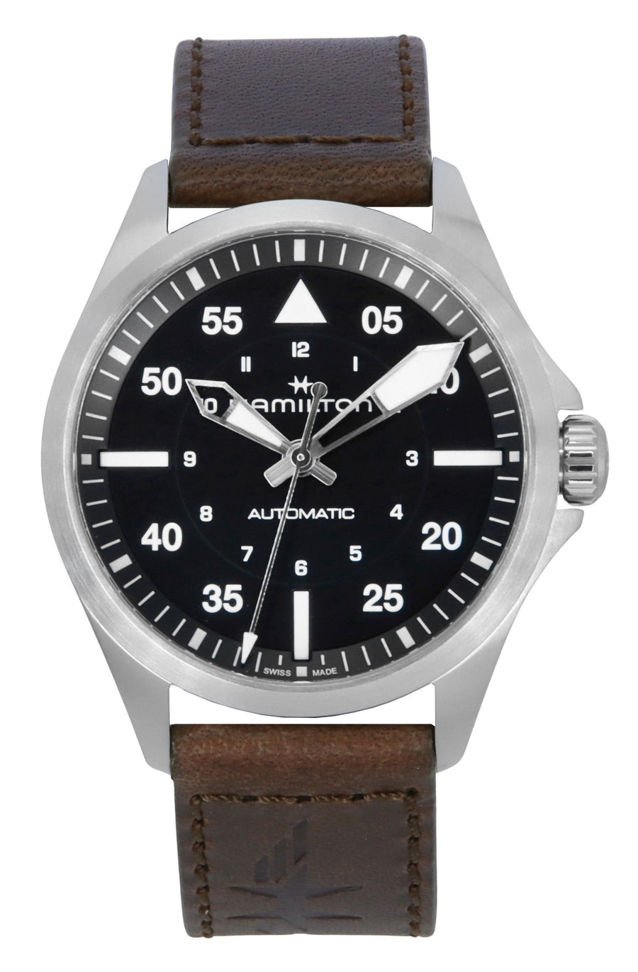 Hamilton Khaki Aviation Pilot Lederarmband Schwarzes Zifferblatt Automatik H76305530 100M Herrenuhr